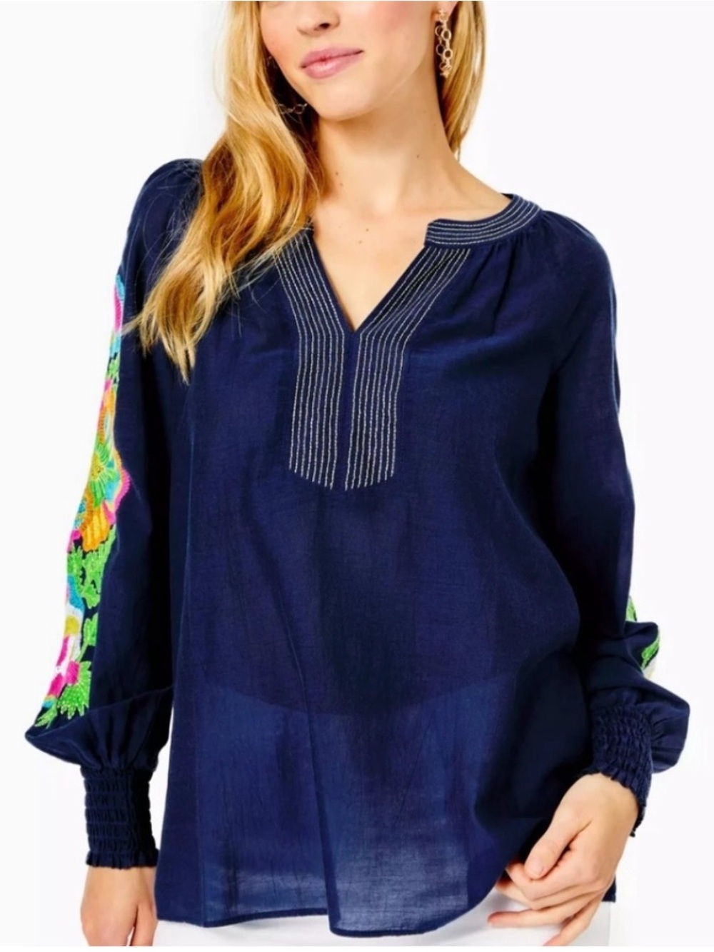 Lilly Pulitzer Sharise Long Sleeve V- Neck with Multicolor Embroidered Shirt